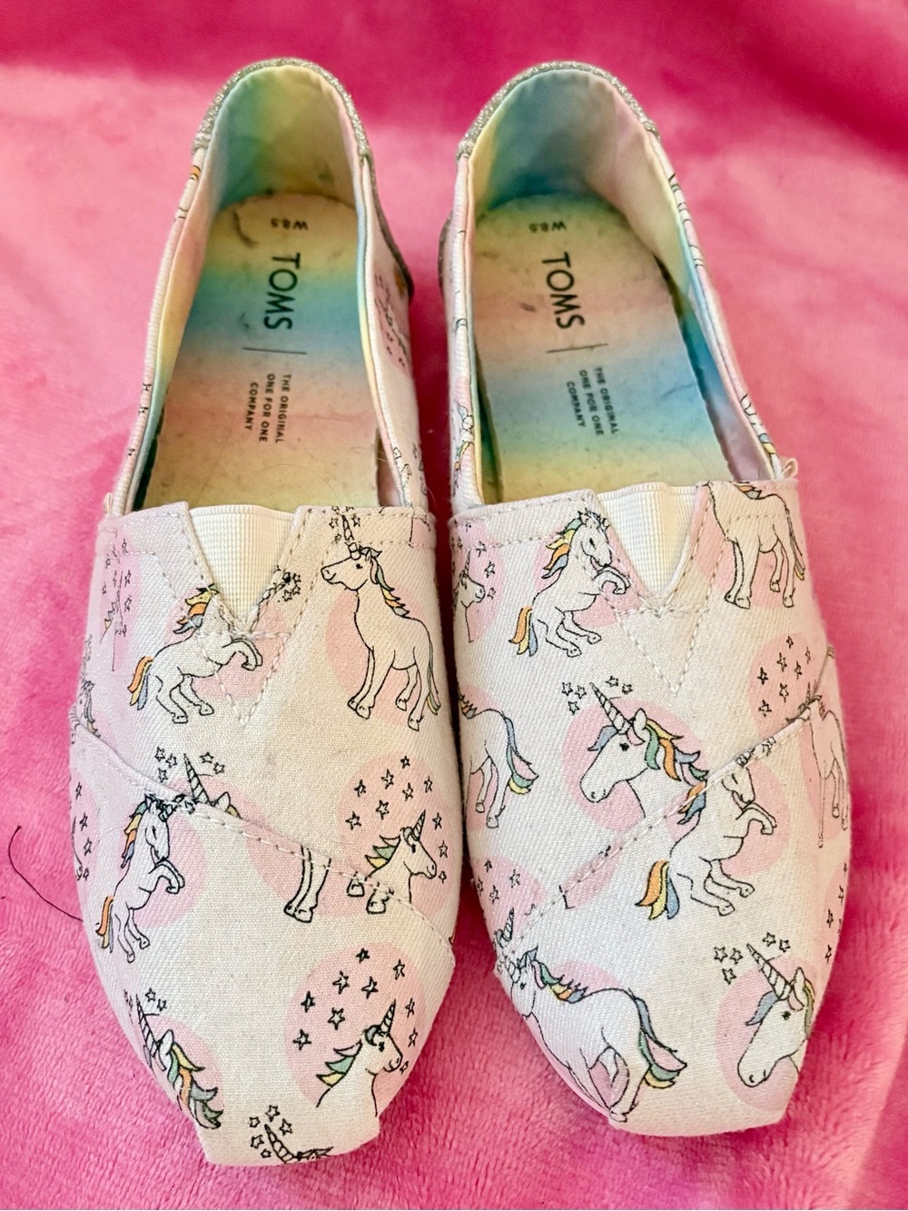 TOMS Kids Unicorn Canvas Slip-Ons in Pink and Rainbow Accents